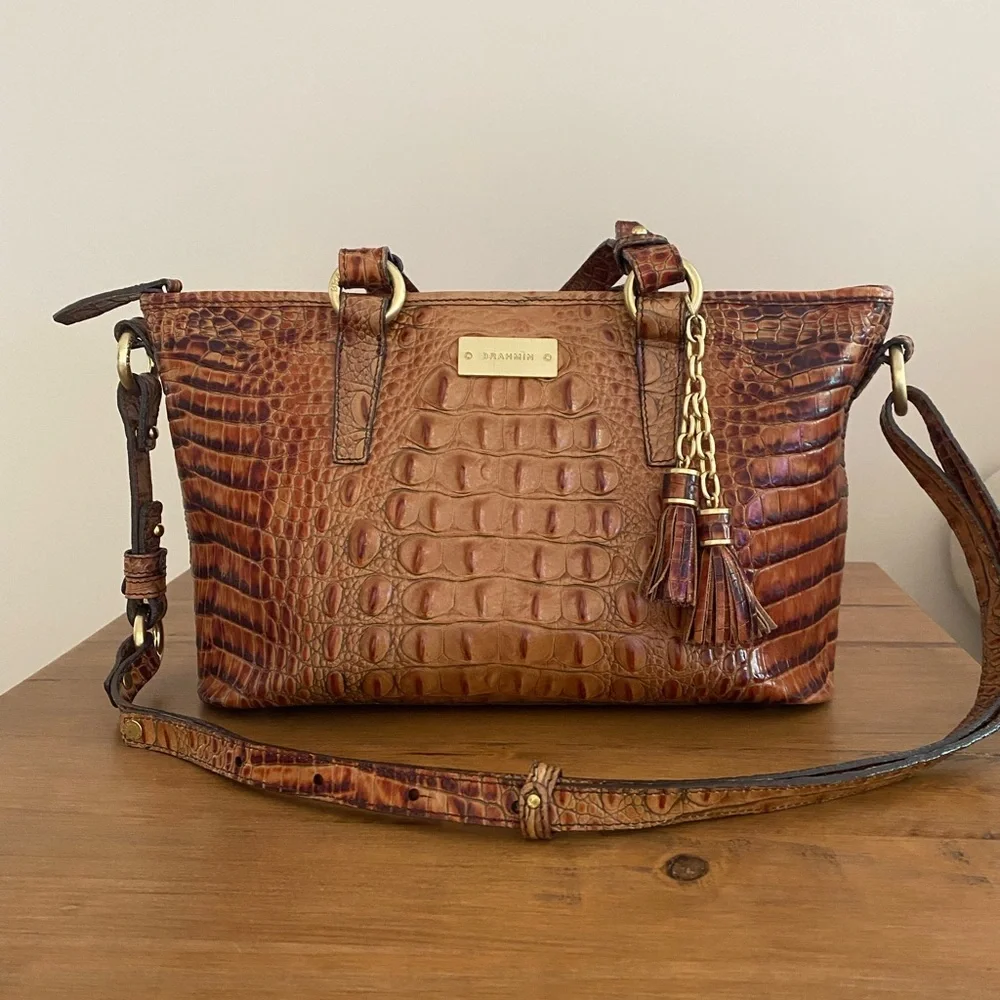 Brahmin Mini Asher Satchel Almond Melbourne Leather Croc Embossed Shoulder Bag - Picture 4 of 10